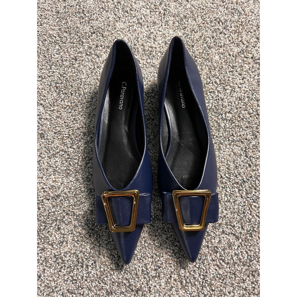 C.Paravano Classic Navy Flats with Gold Buckle pointed toe US 8.5 sz 39